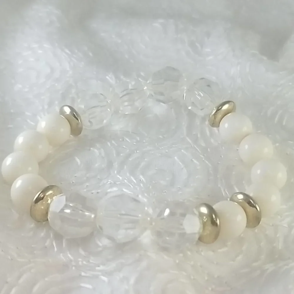 Stretch Bead Bracelet Clear Cream Beaded Gold Spacer